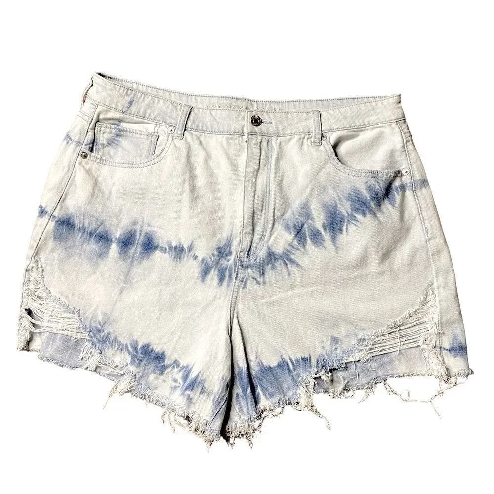 American Eagle AE Wm’s Sz 18 Highest Rise Bleach Tie Dye Frayed Mom Denim Shorts